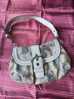 Coach White-Trim Canvas Shoulder Soho Bag with Pastel Accents